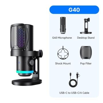 BOYA CastMic G40 RGB Aydınlatmalı Gürültü Engellemeli USB Mikrofon ve Masa Standı
