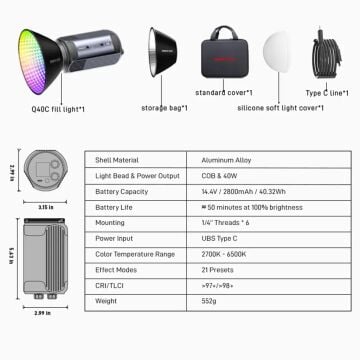 Photoolex Q40C 40W APP Kontrollü RGB Taşınabilir COB Video Işığı - LS-199PL