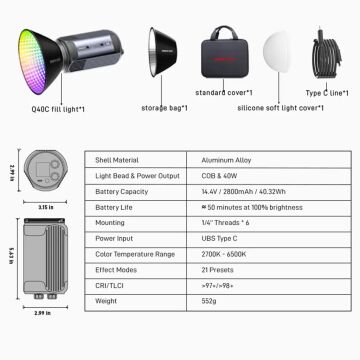 Photoolex Q40C 40W APP Kontrollü RGB Taşınabilir COB Video Işığı - LS-199PL