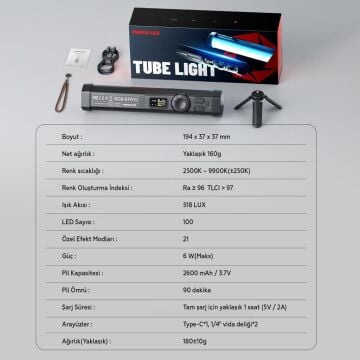 Photoolex B190S RGB LED Tube Light Profesyonel Video ve Fotoğraf Işığı - TF-LS-155LW-PL