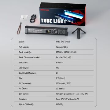 Photoolex B190S RGB LED Tube Light Profesyonel Video ve Fotoğraf Işığı - TF-LS-155LW-PL