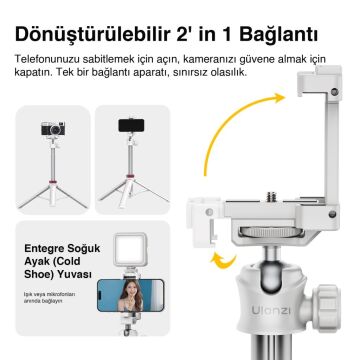 Ulanzi MT-44 149cm 2si 1 Arada Hızlı Açılır Selfie Çubuğu Tripod Telefon Kamera Uyumlu Beyaz - 2503E