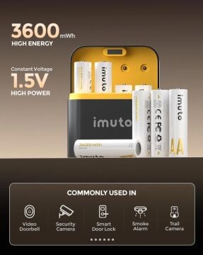 Imuto 3600 mWh AA Lityum Şarjlı Pil Seti (8’li) + 8 Yuvalı Şarj Ünitesi